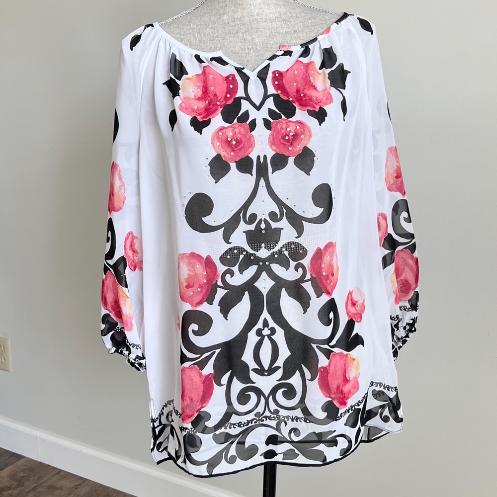 JM Collection Sheer Floral Rhinestone Tunic Blouse Peasant Top White Medium